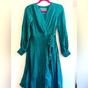 Anthropologie Green Wrap Dress with Bishop Sleeves